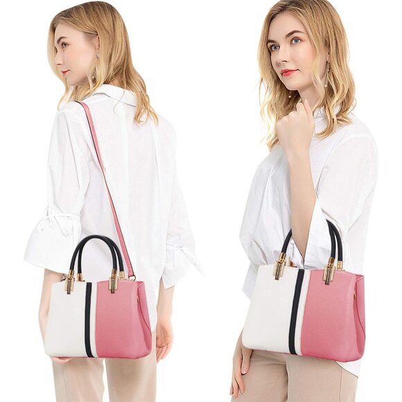 Top Handle Stitching Handbag for Women Girls Tote Satchel Pink Shoulder Bag - Picture 6 of 8